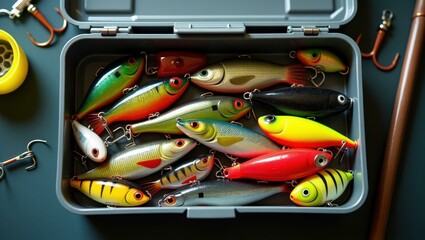 Leinwandbilder - Top shot of tackle box open and brimming with colorful lures and bait , Professional stock photo, AI generated photograph