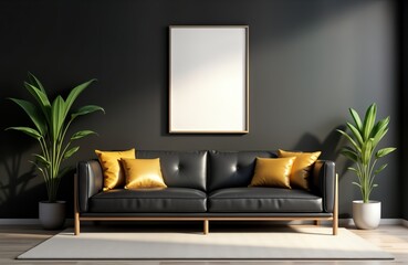 Aufkleber - Modern living room with black walls, leather couch. Empty room with yellow cushions. Blank poster on wall. Plants, wooden floor. Stylish, cozy interior design. Empty space for new poster. Simple,