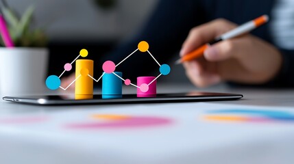 Poster - Close-up of person analyzing colorful 3D bar chart on tablet.