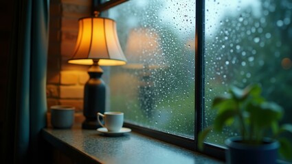 Poster - Raindrops gently pattering against kitchen window providing soothing backdrop, Professional stock photo, AI generated photograph