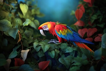 Wall Mural - A colorful parrot perched on a tree branch, with vibrant plumage and expressive facial expression