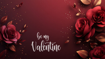 Poster - Horizontal Valentine's day banner with elegant text Be my Valentine. Web banner 16:9 background, romantic luxurious with lettering calligraphy greeting text Deep red burgundy Valentine day