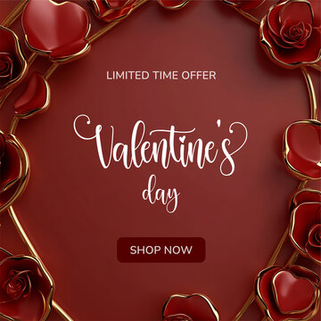 Square Valentine's day social media post with elegant text Valentine's day shop now. Web banner background, romantic luxurious with lettering calligraphy greeting text Deep red burgundy Valentine day