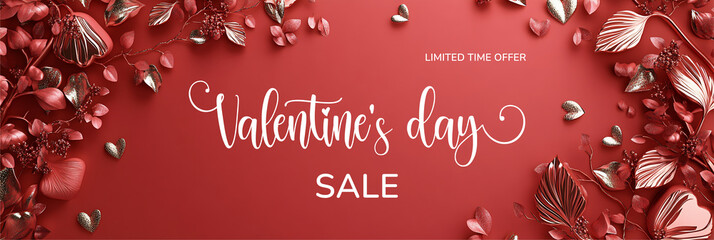 Poster - Horizontal panoramic Valentine's day banner with elegant text Valentine's day sale. Wide banner 3:1 background, romantic luxurious with lettering calligraphy greeting text Deep red Valentine day