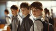 © Poter - Three students in a classroom during the day looking towards the camera with backpacks. Generative AI