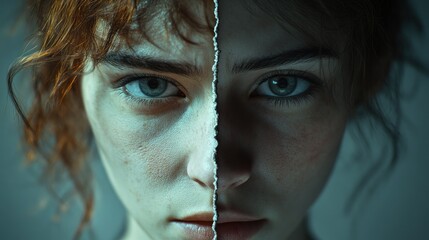 Poster - Duality of identity reflected in a striking split portrait of a woman with contrasting expressions. Generative AI
