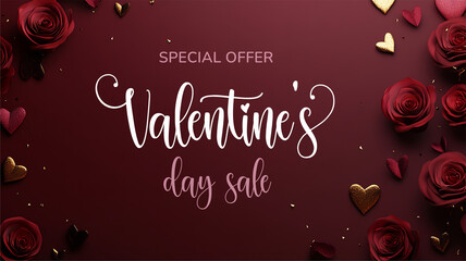 Poster - Horizontal Valentine's day banner with elegant text Valentine's day sale. Web banner 16:9 background, romantic luxurious with lettering calligraphy greeting text Deep red burgundy Valentine day