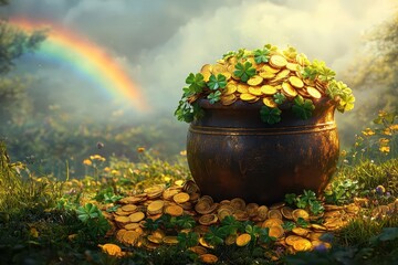 festive digital illustration of a pot overflowing with gold coins and lush clover leaves framed by a vibrant rainbow encapsulating the spirit of st patricks day celebrations and good fortune