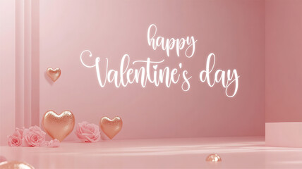 Poster - Horizontal Valentine's day banner with elegant text Happy Valentine's Day. Web banner 16:9 background, romantic luxurious with lettering calligraphy greeting text Soft pink beige Valentine day concept