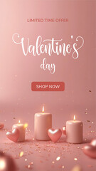 Poster - Vertical Valentine's day social media stories background with elegant text Valentine's day special offer. Web banner template, romantic luxurious with lettering calligraphy greeting text Soft pink