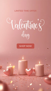 Vertical Valentine's day social media stories background with elegant text Valentine's day special offer. Web banner template, romantic luxurious with lettering calligraphy greeting text Soft pink