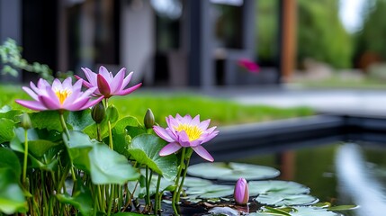 Canvas Print - Pink water lilies bloom in a backyard pond, near a modern house.