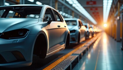 Poster - Unfinished car bodies move along modern assembly line in factory. Automated system transports vehicles through production process. Vehicles in various stages of construction. Industrial setting