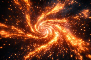 Poster - Vibrant cosmic swirl with bright orange and yellow sparks during a galaxy formation. Generative AI