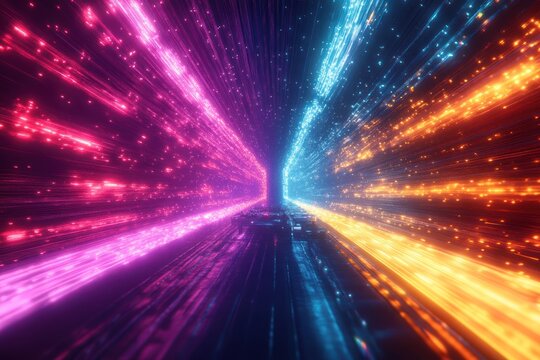 Colorful light beams create a vibrant tunnel effect in a digital abstract landscape at night. Generative AI