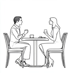 Wall Mural - A flat doodle of a man and woman sitting in a cafe, created with one continuous line, illustrating communication, flirting, and eating, isolated on a white background.