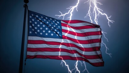an american flag waving in the wind with lightning striking in the background