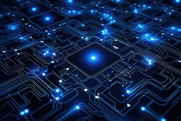 Fototapete - Indigo hues create intricate circuit patterns on a dark surface, illustrating modern technology and digital design in a futuristic abstract representation