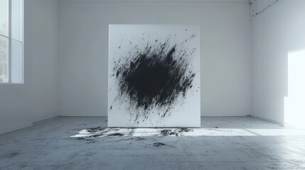 Poster - Bold black abstract art installation in a minimalist gallery space with natural light. Generative AI