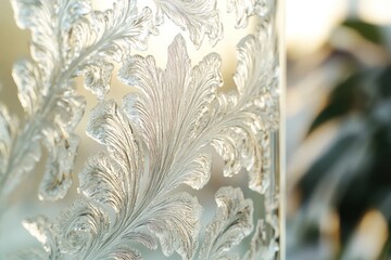 Poster - Decorative glass detail featuring intricate leaf patterns illuminated by soft natural light. Generative AI