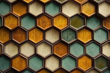 Poster - Unique hexagonal wall art featuring vibrant colors and textures in a modern interior design setting. Generative AI