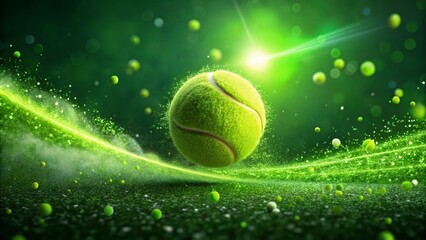 Wall Mural - surreal green tennis ball flight: glowing particles & vibrant background