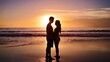 © Skoles - Waves roll in the background, adding a serene and romantic atmosphere. Silhouettes of two lovers standing next to each other against the backdrop of a sunset on the beach.