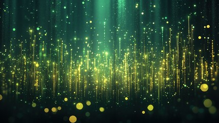 Poster - Dynamic light particles dance in green hues abstract visuals digital art energetic environment close-up viewpoint