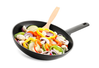 Wall Mural - Frying pan with mix of vegetables and mushrooms in air isolated on white