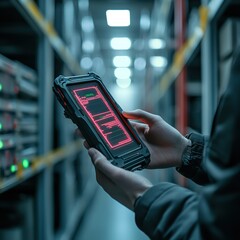 Poster - Data analysis action server room digital technology industrial environment close-up view cybersecurity concept