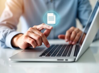 Aufkleber - Man working on laptop. Sending curriculum vitae. Male forefinger pressing enter button. Resume upload concept. High quality photo. Businessman using tech for job application. Online submission.