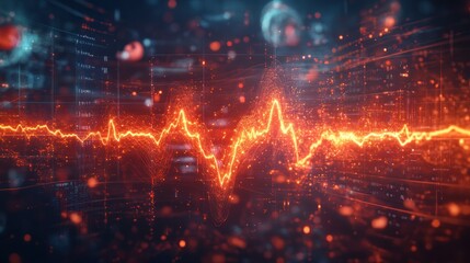 Aufkleber - Heartbeat representation with glowing waveform on a digital background showcasing data and technology. Generative AI