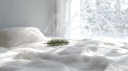 Aufkleber - Soft white bedding with a sprig of green placed on a serene winter morning by the window. Generative AI