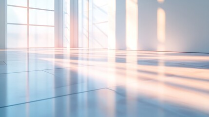 Aufkleber - Bright sunlight streams through large windows onto polished floor in modern interior space. Generative AI