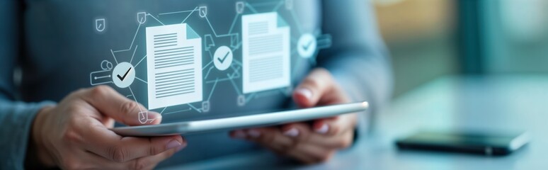 Aufkleber - Businessperson uses digital tablet for online document management. Person reviews tech documents with secured access. Cloud platform for efficient work. Modern office setting. Focus on secure access