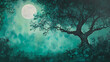 © Thiago - A regal tree rises above a vast expanse of misty, emerald green foliage in an ethereal glade bathed in the silvery light of the full moon, lunar illumination, moonlit glade. Evergold. Illustration