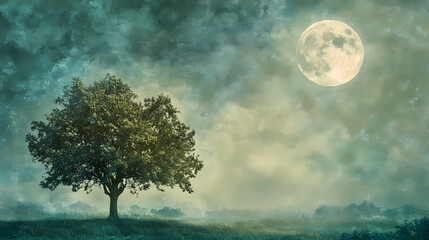 a regal tree rises above a vast expanse of misty, emerald green foliage in an ethereal glade bathed 