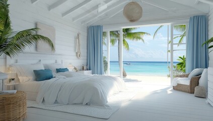 Canvas Print - Beachfront bedroom with white walls,  ocean view, and blue accents.