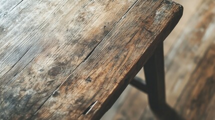 Poster - A distressed wooden table with scratches and marks, sitting in an airy, uncluttered room.