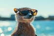 © Ева Поликарпова - A close-up view of a meerkat wearing trendy sunglasses, emphasizing its playful and curious nature