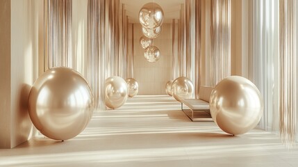 Aufkleber - Elegant interior space featuring reflective spheres and soft natural light during the day. Generative AI