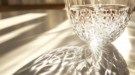Poster - Reflection of sunlight through a crystal glass filled with water on a table. Generative AI