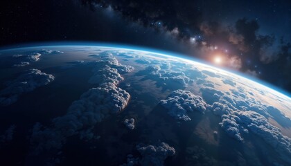 Aufkleber - Stunning view of planet Earth from space. Vast expanse of oceans, continents visible below. Fluffy white clouds scattered across surface. Sunrise sunset visible on horizon. Vast expanse of cosmos
