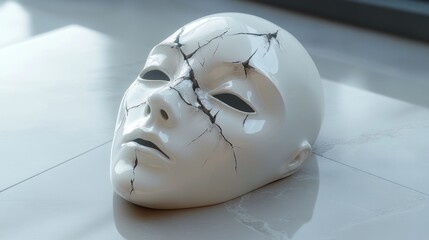 Poster - Cracked white mask resting on a smooth surface with natural light illuminating the cracks. Generative AI