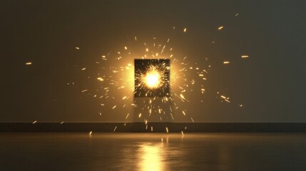 Poster - Light bursts from a square source illuminating a dark space with sparks and glow. Generative AI
