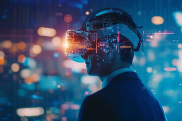 Poster - Businessman uses virtual reality headset and artificial intelligence technology to explore digital environments in a modern office setting