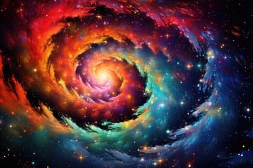 Poster - A vibrant galaxy spiral design featuring multicolored stars swirling in cosmic harmony against a deep black background creates a mesmerizing view of the universe