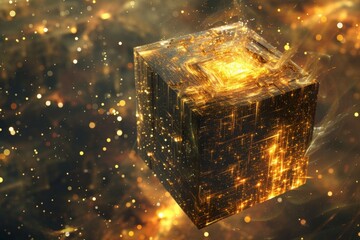 Poster - A luminous cosmic cube floating in the fourth dimension, surrounded by swirling golden particles and a backdrop of the expansive universe set in a time of wonder and exploration