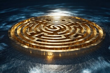 Poster - Intricate golden maze design placed on a reflective surface with a dark background. Generative AI