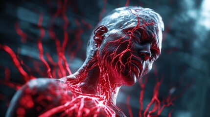 Poster - Ethereal figure with glowing red veins illuminated in dark abstract background. Generative AI